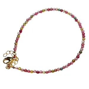 Bracelet en perles de tourmaline colorées avec fermoir doré réglable pour femme