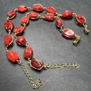 Handmade 14K gold-filled wire wrapped red gemstone bracelet with adjustable chain