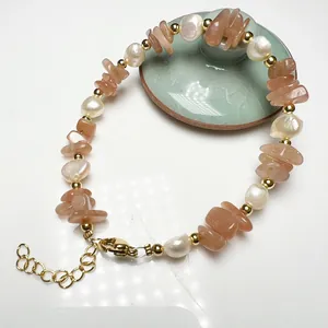 Baroque freshwater pearl and orange sunstone beaded bracelet with gold accents