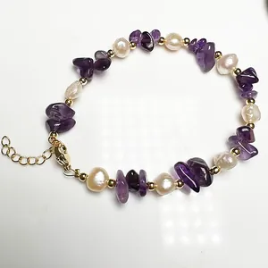 Natural Baroque Freshwater Pearl Beaded Bracelet For Women Gemstone Crystal Chips Adjustable Gold Plated Chain Jewelry Gift