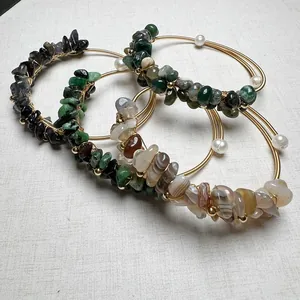 Handmade Natural Crushed Stone Wire Wrapped Cuff Bangle Bracelet With Pearl Bohemian Vintage Style Jewelry For Women