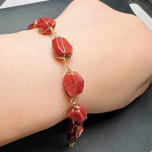 Handmade Wire Wrapped Red Jasper Bracelet 14K Gold Filled Irregular Natural Stone Bracelet Adjustable For Women Jewelry