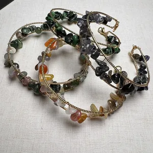Handmade gold wire-wrapped natural crystal chip bracelets in various colorful gemstones