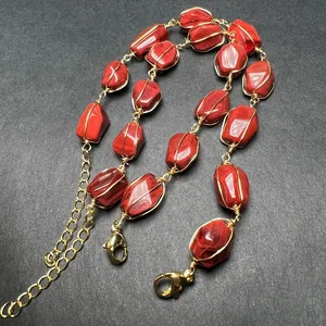 Handmade 14K gold filled feldspar beaded long chain with red stones and lobster clasps