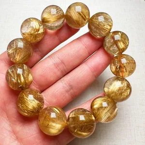 Premium-Armband aus goldenem Rutilquarz mit 14-mm-Naturkristallperlen