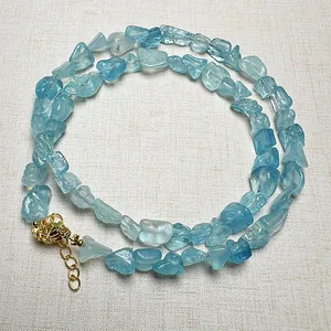 Natural light blue aquamarine gravel necklace with adjustable golden lobster clasp closure