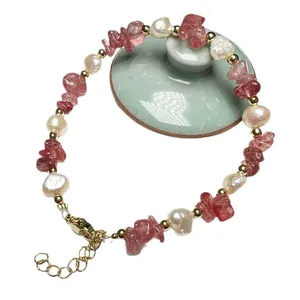Baroque freshwater pearl bracelet with pink strawberry quartz and gold metal beads