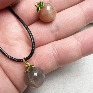 Natural Sunstone Crystal Bead Pendant Necklace With Copper Alloy Enamel Leaf Cap And Black Leather Cord Women Jewelry Gift