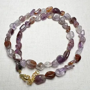 Handmade necklace with natural amethyst and brown rutilated quartz irregular stone beads