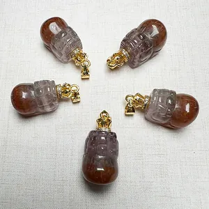 Natural Aurora Super Seven Crystal PiXiu Pendant For Women Gold Plated Bail Carved Lucky Bag Jewelry