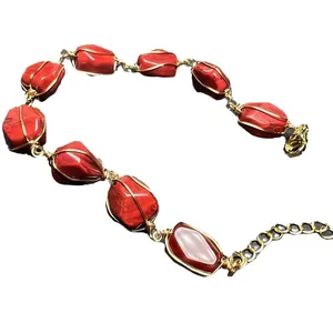 Handcrafted red feldspar bracelet with 14K gold filled wire and adjustable chain