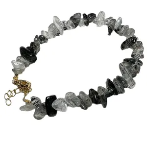 Natural black rutilated quartz chip stone bracelet with golden lobster clasp and chain