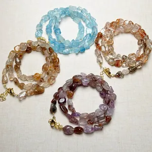Natural Crystal Chip Stone Bracelet Necklace For Women Auralite-23 Aquamarine Tourmaline Handmade Adjustable Jewelry Gift