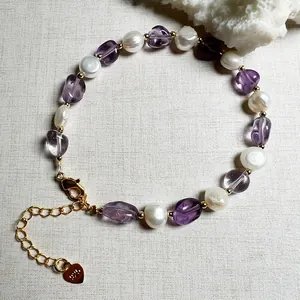 Handgefertigtes Armband mit Barockperlen und Amethyst sowie S925 Silber-Herzanhänger