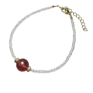 Elegant strawberry quartz and white spinel beaded bracelet with a gold heart charm