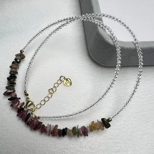 Handmade S925 silver beaded necklace with natural strawberry quartz and tourmaline stones