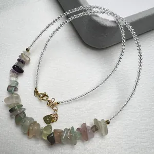 Macro shot of 40cm necklace featuring natural colorful gemstones and S925 heart charm