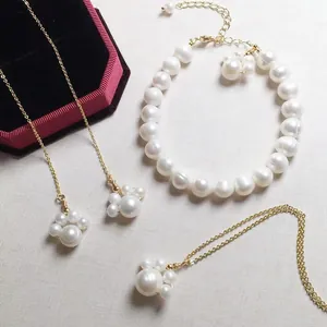 Elegant 14K gold freshwater pearl jewelry set with cat paw charm necklace and earrings