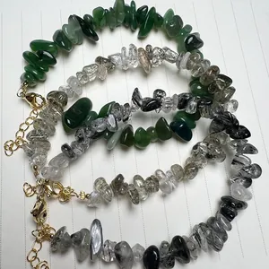 Pulsera Collar de Chips de Piedra Natural Cuarzo Rutilado Negro Turmalina Jaspe Joyería Irregular para Mujer Regalo Ajustable