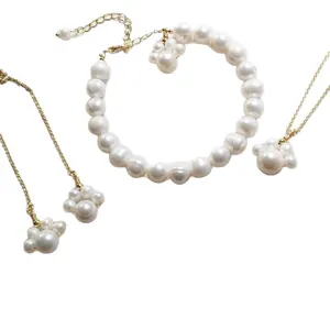 Freshwater pearl jewelry set with cat paw design including necklace bracelet and earrings