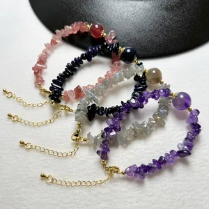 Natural Crystal Chip Bracelet Irregular Gemstone Beaded Adjustable Jewelry Gold Plated Extension Chain For Women Hand Chain Gift