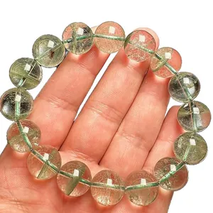 Pulsera de cuarzo fantasma verde natural con cuentas translúcidas redondas en blanco