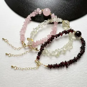 Natural crystal chips bracelet set with rose quartz, citrine, and garnet gemstone beads
