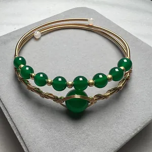 Handcrafted 14K gold filled wire wrapped bracelet with green agate beads detail