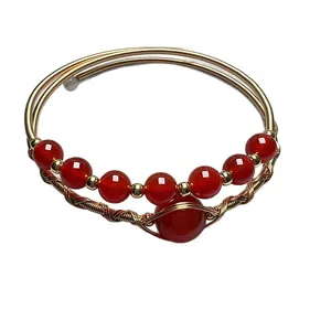 Handmade 14K gold filled double layer wire wrapped bracelet with red agate beads