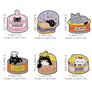 Spécifications de taille et de poids pour six pin's en émail en forme de boîte de chat