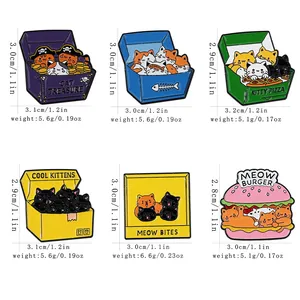 Detailed grid of six cartoon cat enamel pins including burger and pizza box designs