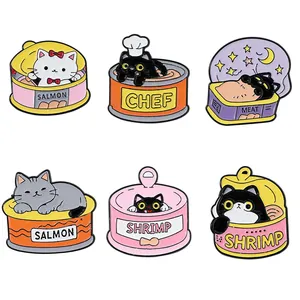 Broche Créative en Émail Métallique Chat de Dessin Animé Nourriture en Conserve Badge Animal en Alliage de Zinc Bijoux pour Vêtements