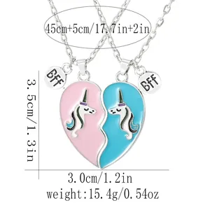 Detailed view of unicorn heart BFF necklaces with dimensions and weight measurements