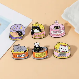 Détails de six épinglettes en émail en forme de conserves pour chats sur alliage