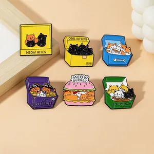 Detailed set of six cute cartoon cat enamel pins featuring burger and pizza themes