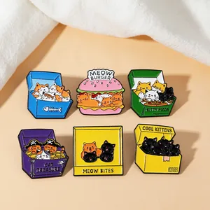 Set of 6 creative enamel cat pins featuring food themes like burger and pizza designs