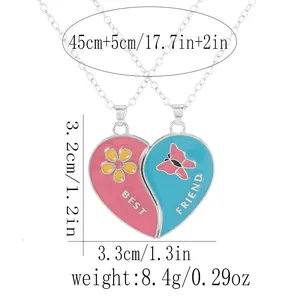 Detail view of pink and blue BFF heart necklace showing 45cm chain length and 3.2cm pendant size
