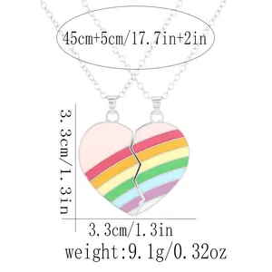 Detailed view of two-piece rainbow heart pendant necklaces with precise size measurements