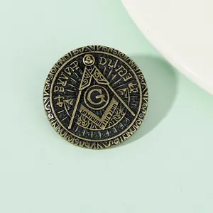 Retro bronze Masonic brooch badge with compass square G symbol and intricate relief texture