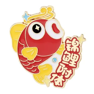 Macro detail of enamel lucky koi brooch with artistic koi body Chinese text in gold finish