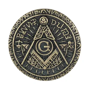 Vintage bronze Freemasonry badge with compass, square and All-Seeing Eye symbols