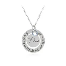 Detail of silver nested ring pendant with blue crystal and engraved memorial quote for dad
