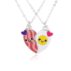 Cute bacon and fried egg heart-shaped puzzle necklaces set for best friends friendship