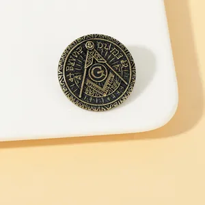 Retro bronze Freemasonry Eye of Providence badge with compass and square emblem