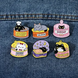 Lot de 6 épinglettes en émail avec chats de dessins animés sur fond en denim bleu