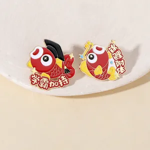 Cute enamel koi fish brooches with graduation hat and inspirational calligraphy