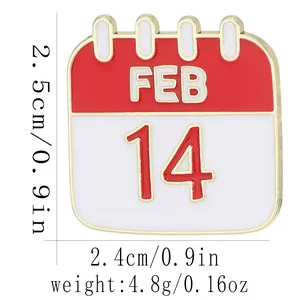 Vue détaillée du pin's calendrier de la Saint-Valentin avec dimensions et poids du 14 fév