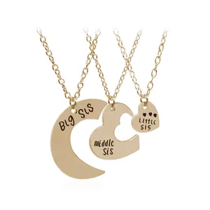 Three-piece gold heart puzzle necklace set for sisters with Big, Middle, and Little Sis engraving