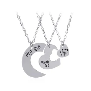 Three-piece silver heart puzzle necklace set for sisters with Big, Middle, Little Sis engraving