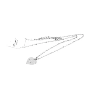 Detail of silver heart pendant with paw print cutout and lobster clasp on O-chain